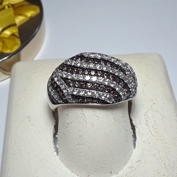 Estate 1.5ctw Round Chocolate & White Diagonal CZ Sterling Silver Dome Ring17003 - Picture 1 of 5